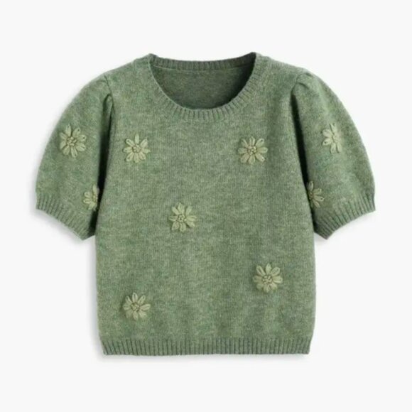 Wool-Blend Green Round Neck Flower Knitted Short Sleeve Top - NEW - Picture 1 of 15